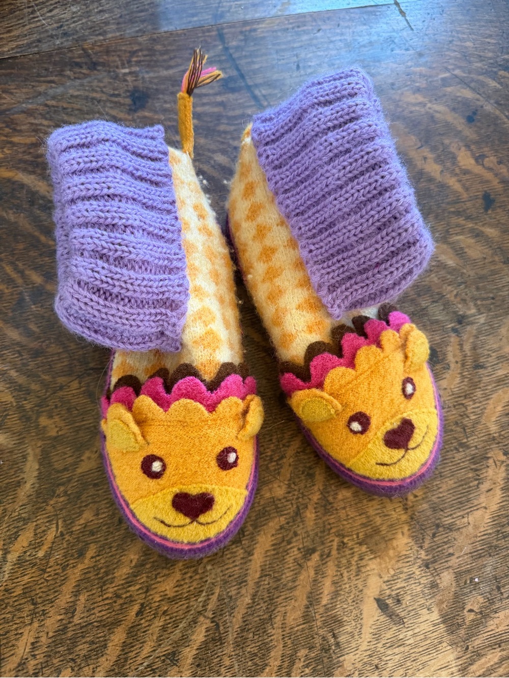 Garnet hill wool Kids Lion Slipper Boots with Purple Cuff